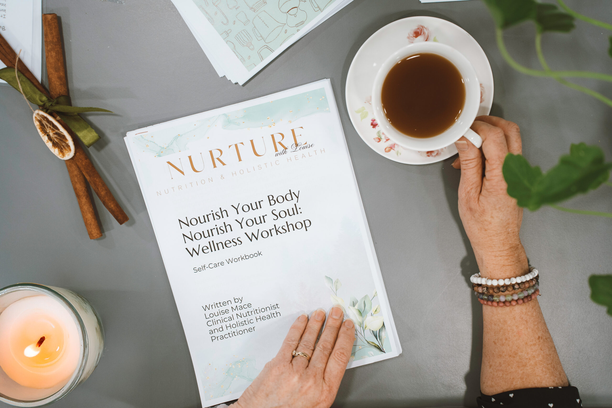 Naturopath self-care workbook, tea, and calming tools at Nurture with Louise.